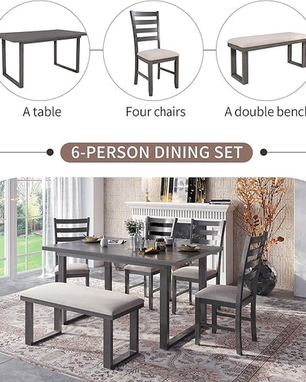 60" Dining Table Set for 6, Solid Wood Dining Room Table Set with Backrest, Kitchen Table Chairs Set of 6 for Living Room and Kitchen, Grey+Beige - LeafyLoom