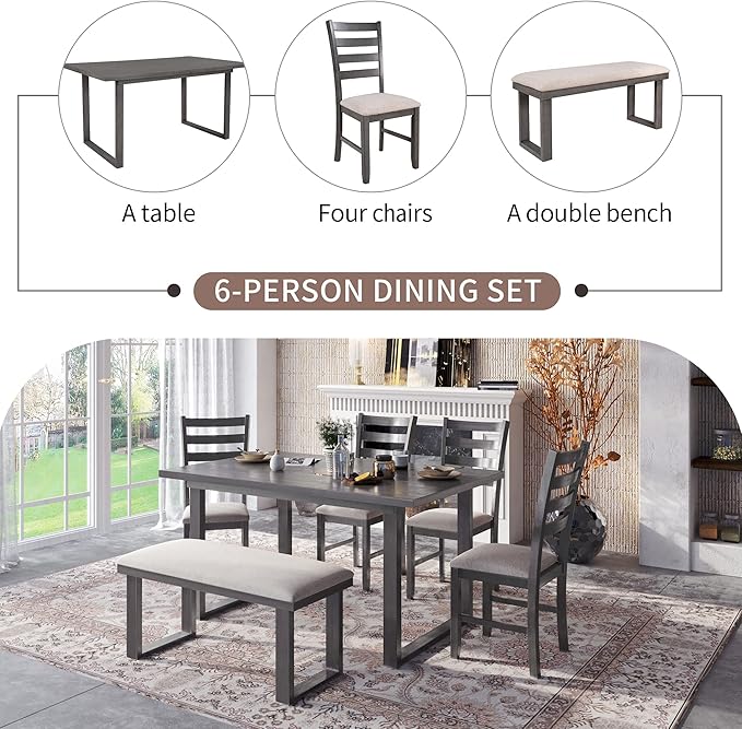 60" Dining Table Set for 6, Solid Wood Dining Room Table Set with Backrest, Kitchen Table Chairs Set of 6 for Living Room and Kitchen, Grey+Beige - LeafyLoom