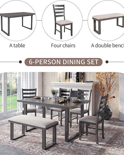 Farmhouse 6-Piece Dining Room Sets, includes 1 Table, 4 Upholstered Side Chairs and 1 Bench, Gray, 60" L x 35.8" W x 30.3" H - LeafyLoom