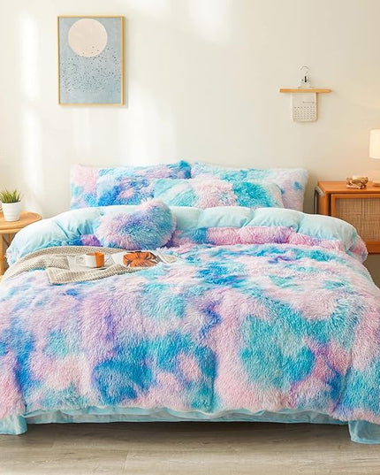 Tie dye Blue Plush Fluffy Comforter Cover Set Queen - Ultra Soft Faux Fur tie dye Bedding Sets 3 Pieces (1 Shaggy Duvet Cover + 2 Pillow case) Fluffy Bed Set (Tie Dye Blue, Queen) - LeafyLoom