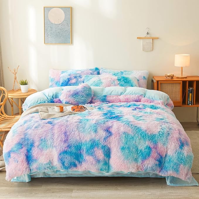 Tie dye Blue Plush Fluffy Comforter Cover Set Queen - Ultra Soft Faux Fur tie dye Bedding Sets 3 Pieces (1 Shaggy Duvet Cover + 2 Pillow case) Fluffy Bed Set (Tie Dye Blue, Queen) - LeafyLoom