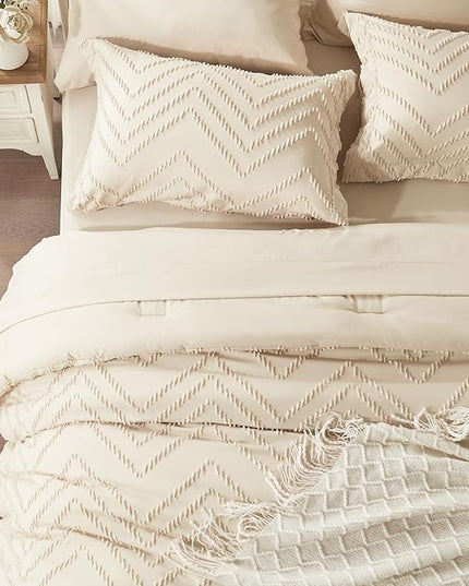 Anluoer Full Comforter Set, Beige Tufted Bed in a Bag 7 Pieces with comforters and sheets, All Season Bedding Sets with 1 Comforter, 2 PillowShams, 2 Pillowcases, 1 Flat Sheet, 1 Fitted Sheet - LeafyLoom