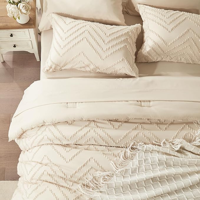 Anluoer Twin Comforter Set, Beige Tufted Bed in a Bag 5 Pieces with comforters and sheets, All Season Bedding Sets with 1 Comforter, 1 PillowShams, 1 Pillowcases, 1 Flat Sheet, 1 Fitted Sheet - LeafyLoom