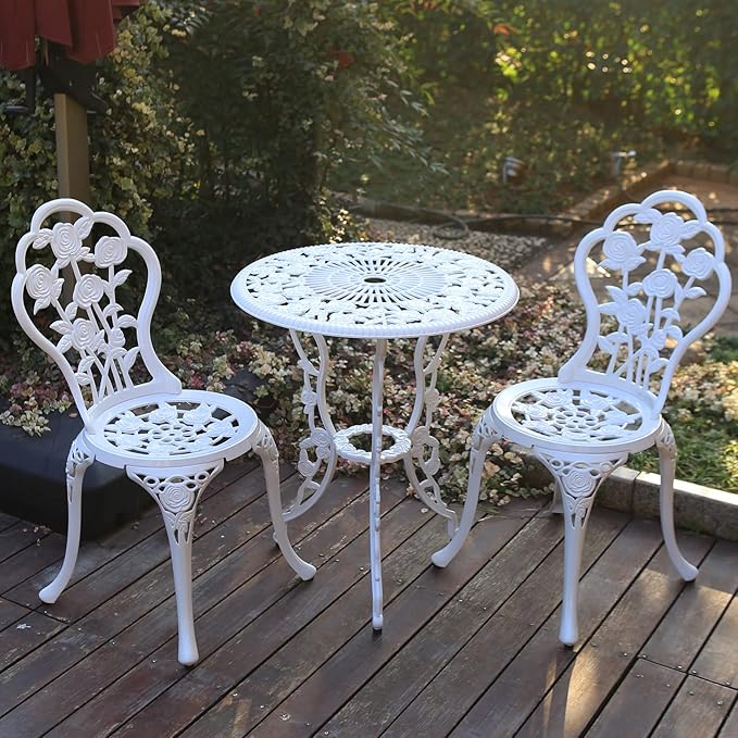 Patio Bistro Set.Rust-Resistant Cast Aluminum Bistro Table Set with Umbrella Hole for Backyard (Rose White) - LeafyLoom
