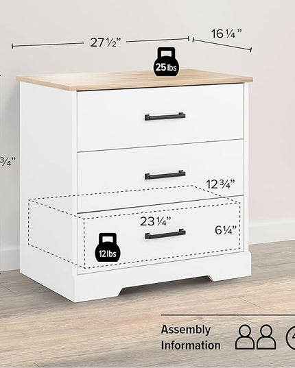 Prepac Three Drawer Nightstand, 16.25" D x 27.5" W x 26.75" H, White & Oak - LeafyLoom