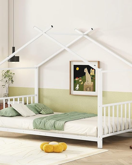 Twin Size Kids Montessori Floor Bed,House Bed Frame with High Headboard,Twin Floor Bed with Roof for Boys Girls,Floor Bed Metal Frame (White) - LeafyLoom