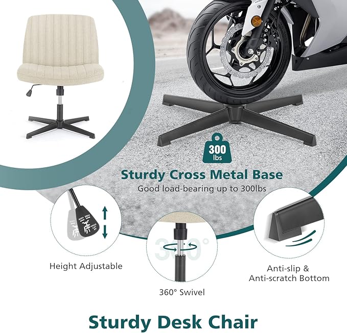OLIXIS Cross Legged Armless Wide Adjustable Swivel Padded Home Office Desk Chair, Beige - LeafyLoom