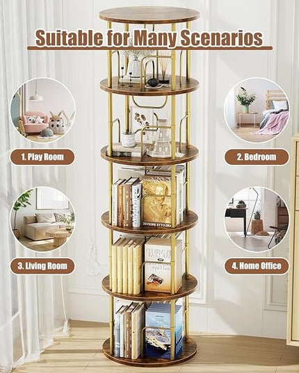 5 Tier Rotating Bookshelf, 360 ° Display Stackable Spinning Bookshelf Tower, Narrow Space Saving Tall Floor Standing Swivel Bookcase Corner Storage Organizer for Bedroom, Living Room, Gold - LeafyLoom