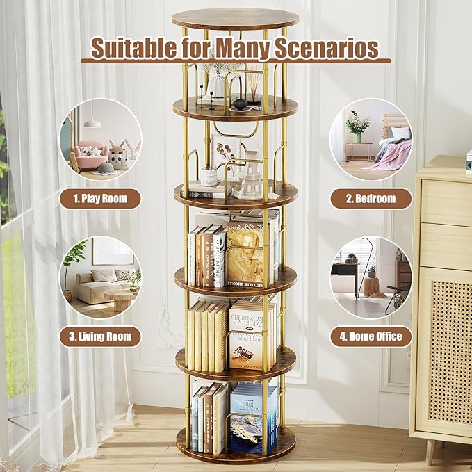 5 Tier Rotating Bookshelf, 360 ° Display Stackable Spinning Bookshelf Tower, Narrow Space Saving Tall Floor Standing Swivel Bookcase Corner Storage Organizer for Bedroom, Living Room, Gold - LeafyLoom