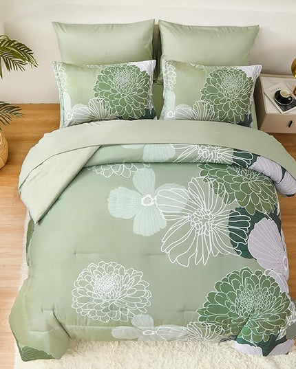 Yiran 7 Pieces Bed in a Bag Green Comforter Set Queen Floral Comforter Soft Microfiber Bedding Set with 1 Comforter 1 Flat Sheet 1 Fitted Sheet 2 Pillowshams and 2 Pillowcases - LeafyLoom