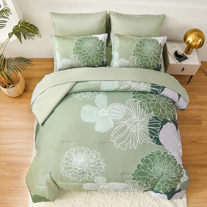 Yiran 7 Pieces Bed in a Bag Green Comforter Set Queen Floral Comforter Soft Microfiber Bedding Set with 1 Comforter 1 Flat Sheet 1 Fitted Sheet 2 Pillowshams and 2 Pillowcases - LeafyLoom
