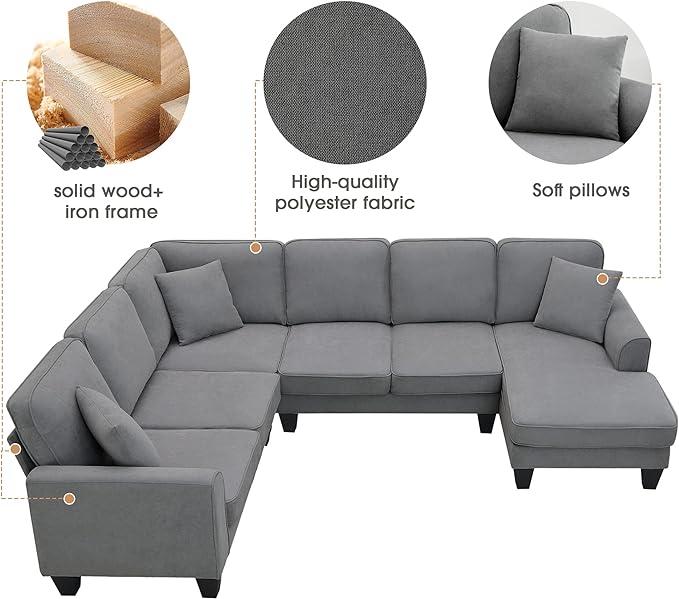 Sectional Couch-108 Modern U Shape Sectional Sofa, 7 Seat Modular Sectional Sofa with 3 Pillows, for Living Room, Apartment, Office - LeafyLoom