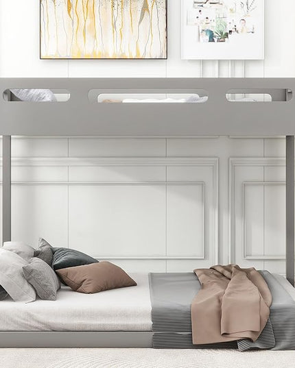 Twin Over Full Bunk Bed with Built-in Ladder, Solid Wood Floor Bedframe with Guardrail, Headboard and Footboard, for Kids Teens Adults, Bedroom/Dorm Bunkbeds, Gray - LeafyLoom