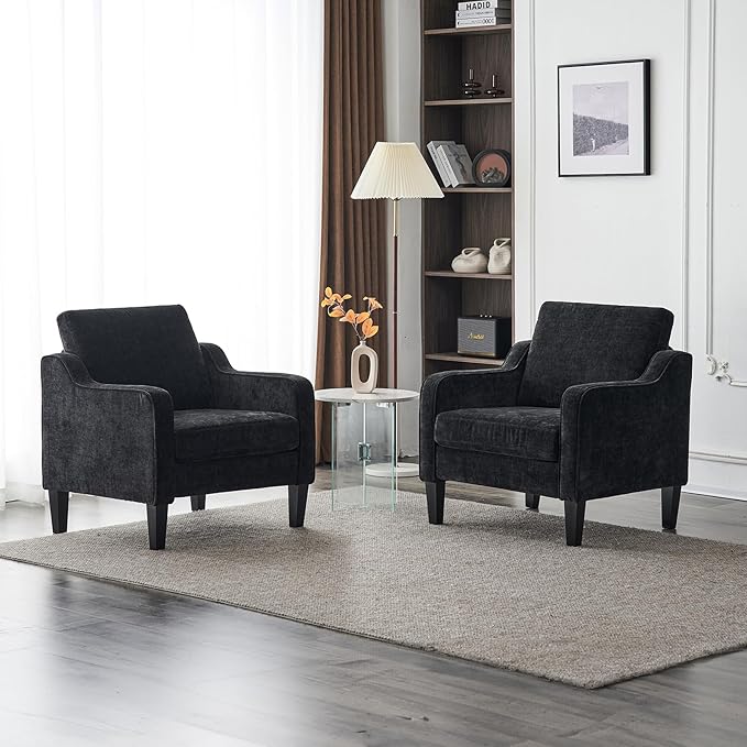 VINGLI Accent Chairs for Living Room Chairs Reading Chair Mid Century Modern Chair Soft Chenille Sofa Chair Upholstered Arm Chair Comfy Chair Side Chair (Black Chenille) - LeafyLoom