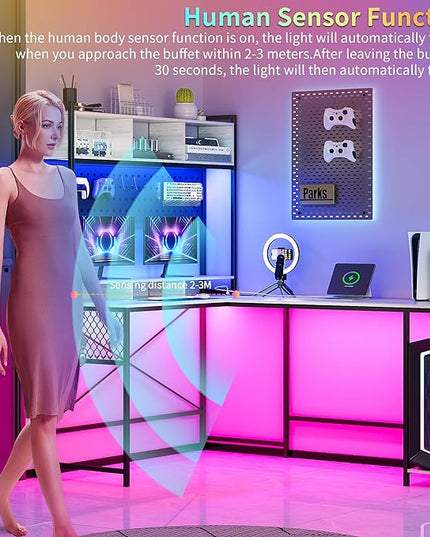 Lvifur 67” L Shaped Desk with Wireless Charging Station,24-Color RGB Dimmable Computer Desk with Pegboard,Gaming Desk with Monitor Stand, Display Stand,Human Sensor Lights for Home Office - LeafyLoom