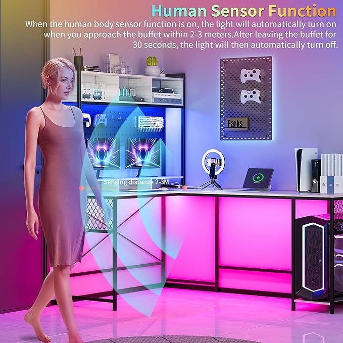 Lvifur 67” L Shaped Desk with Wireless Charging Station,24-Color RGB Dimmable Computer Desk with Pegboard,Gaming Desk with Monitor Stand, Display Stand,Human Sensor Lights for Home Office - LeafyLoom