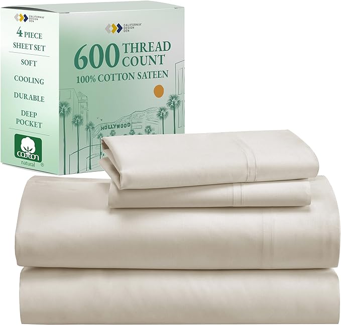 California Design Den Luxury King Size Sheet Set - 100% Cotton, 600 Thread Count Deep Pocket King Sheets, Hotel-Quality Bedding with Sateen Weave - Ivory - LeafyLoom