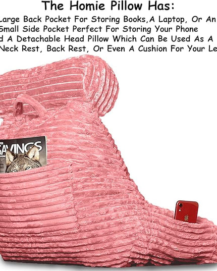 Homie Reading Pillow with Reading Light and Wrist Support, Has Arm Rests, and Back Support for Bed Rest, Lounging, Reading, Working on Laptop, Watching TV (Large, Pink) - LeafyLoom