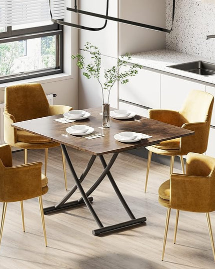 Multifunctional Folding Dining Table, Height Adjustable Lift Top Coffee Transformer Table with Metal legs for Space Saving Living Room Kitchen Tea, Brown - LeafyLoom