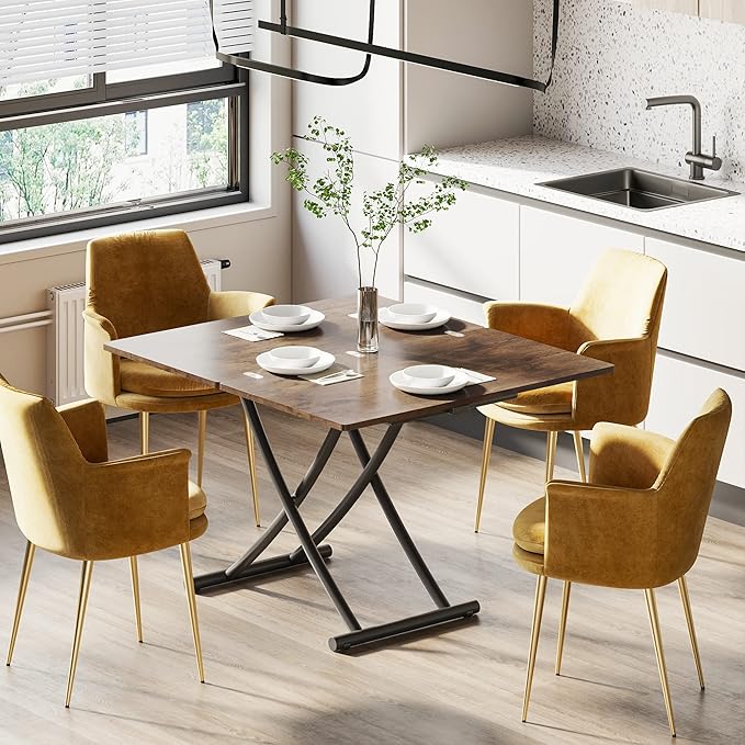Multifunctional Folding Dining Table, Height Adjustable Lift Top Coffee Transformer Table with Metal legs for Space Saving Living Room Kitchen Tea, Brown - LeafyLoom