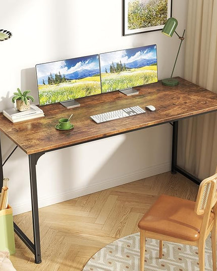 Computer Desk, 55 Inch Office Desk, Gaming Desk with Storage, Writing Desk Work Desk for Home Office, Study, Modern Simple Desk, Large Legroom, Metal Frame, Rustic Brown - LeafyLoom