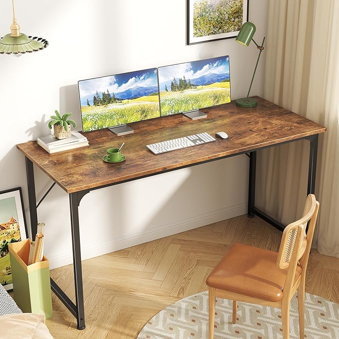 Computer Desk, 55 Inch Office Desk, Gaming Desk with Storage, Writing Desk Work Desk for Home Office, Study, Modern Simple Desk, Large Legroom, Metal Frame, Rustic Brown - LeafyLoom