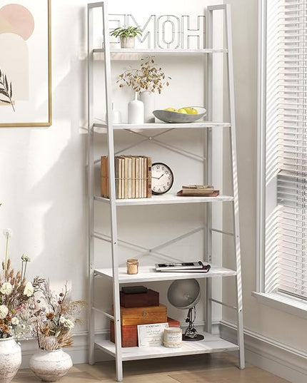 Yusong Ladder Shelf,Industrial 5-Tier Bookshelf,Free Standing Bookcase,Utility Organizer Shelves for Plant Flower,Wood Look Accent Furniture with Metal Frame for Home Office, (White) - LeafyLoom