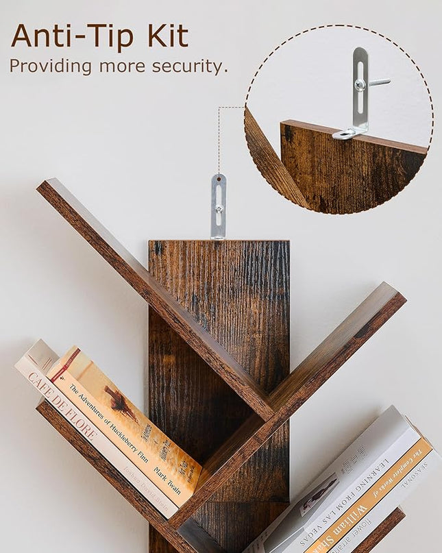 10 Shelf Tree Bookshelf, Floor Standing Wood Bookshelf for Books/Magazine/CDs/Movies, Modern Storage Rack Tree Bookcase, Utility Organizer Shelves for Narrow Space Home Office, Rustic Brown - LeafyLoom