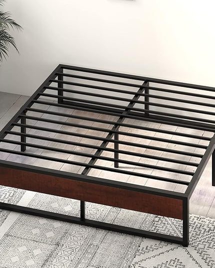 SHA CERLIN 14'' King Size Metal Platform Bed Frame with Rustic Wood & Reverse Holes/Ample Under-Bed Storage Space/Mattress Foundation/No Box Spring Needed/Easy Assembly - LeafyLoom