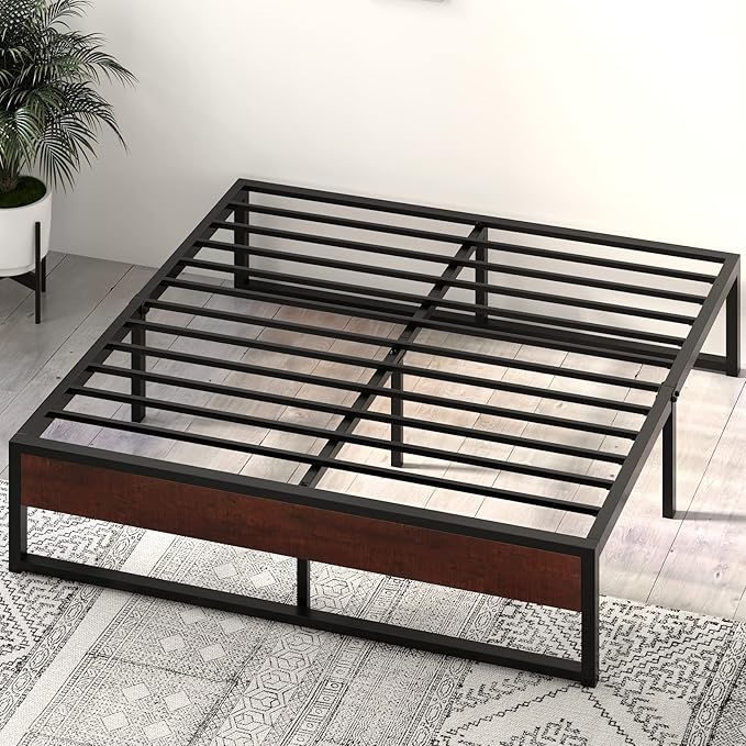 SHA CERLIN 14'' King Size Metal Platform Bed Frame with Rustic Wood & Reverse Holes/Ample Under-Bed Storage Space/Mattress Foundation/No Box Spring Needed/Easy Assembly - LeafyLoom