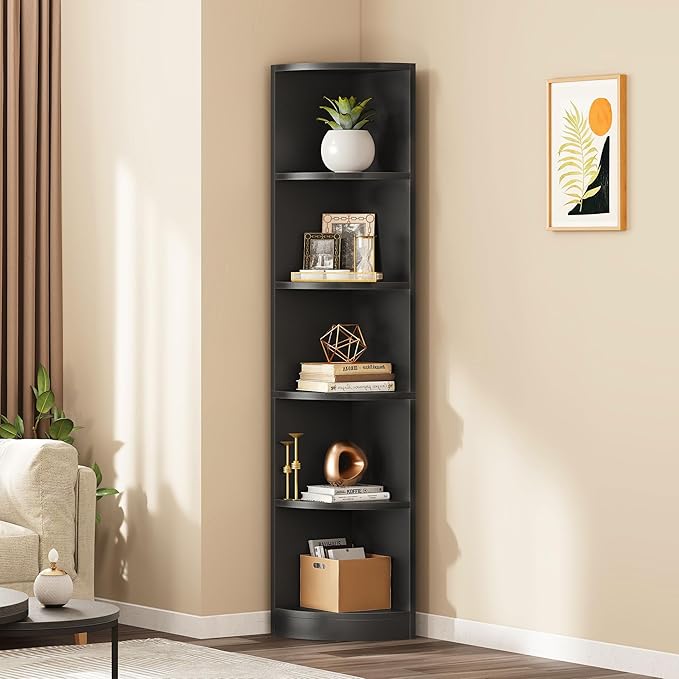 YITAHOME 5-Tier Corner Shelf, 70.8" Tall Modern Free Standing Corner Bookshelf, 5 Shelf Display Corner Bookcase and Bookshelves,Wooden Open Storage Book Shelves for Living Room, Home Office, Black - LeafyLoom