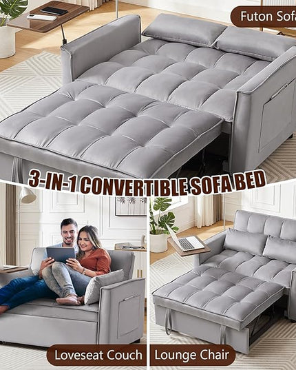 3 in 1 Loveseat Velvet Convertible Chair with 2 Pockets & 2 Pillows for Living Room, Grey - LeafyLoom