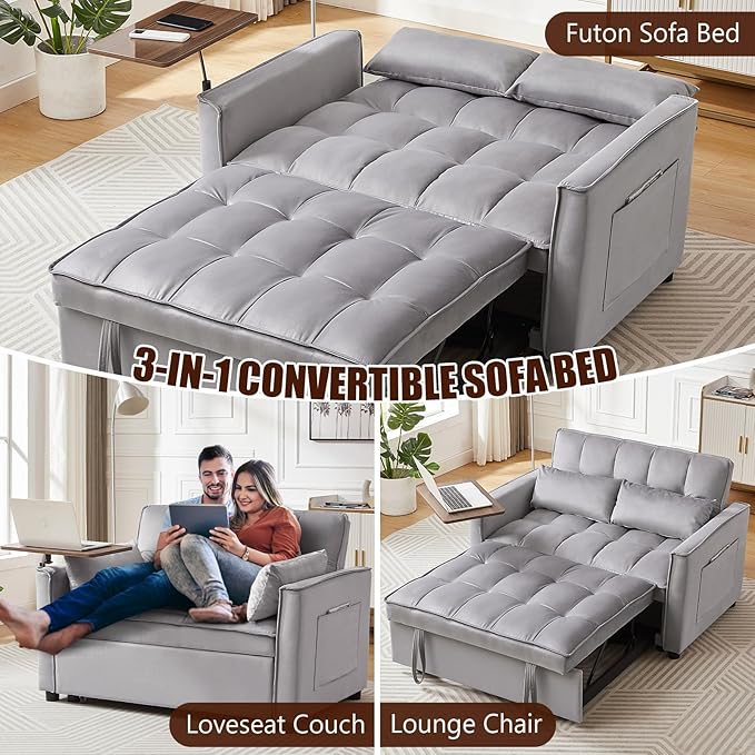 3 in 1 Loveseat Velvet Convertible Chair with 2 Pockets & 2 Pillows for Living Room, Grey - LeafyLoom