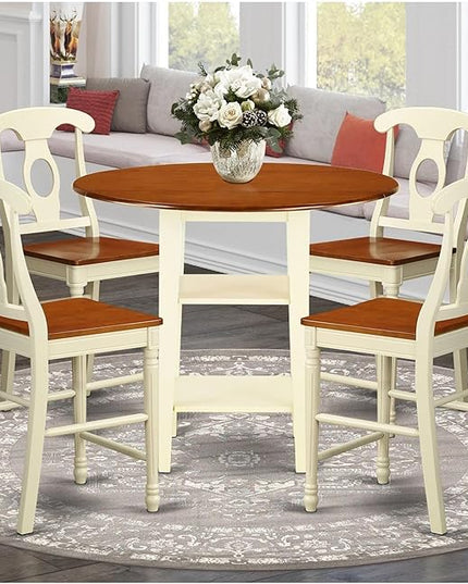 East West Furniture SUKE5H-BMK-W Sudbury 5 Piece Kitchen Counter Height Dining Set Includes a Round Table with Dropleaf & Shelves and 4 Wooden Chairs, 42x42 Inch - LeafyLoom