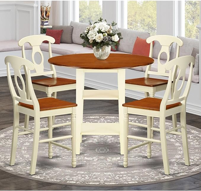 East West Furniture SUKE5H-BMK-W Sudbury 5 Piece Kitchen Counter Height Dining Set Includes a Round Table with Dropleaf & Shelves and 4 Wooden Chairs, 42x42 Inch - LeafyLoom