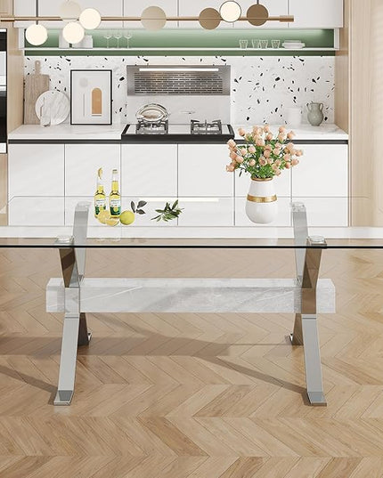 Rectangular Table with Tempered Glass Tabletop,Modern Dinner Desk W/Metal Tubular Legs, Home,Kitchen,Dining Room,Office,Silver, 79" Marble Color Crossbars - LeafyLoom