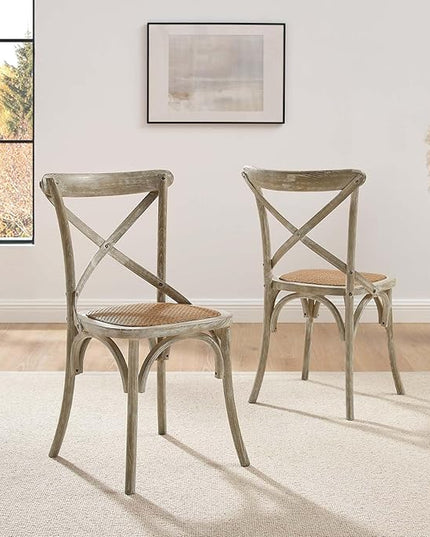 Modway Gear Rustic Modern Farmhouse Elm Wood Rattan Two Dining Chairs in Gray - LeafyLoom