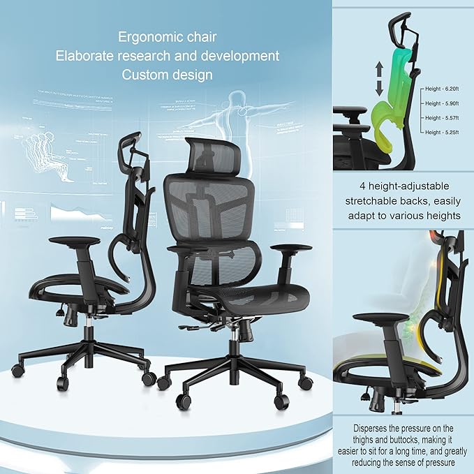 Office Computer Desk Chair, Ergonomic Desk Chair Mesh Computer Chair with Wheels, Adjustable 4D Smart Lumbar Support, Armrests, Seat Depth and Headrest for Home, Bedroom, Study, Dorm, Student, Adults - LeafyLoom
