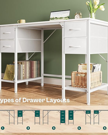 47 Inch Computer Desk with 4 Drawers, Office Desk with Mesh Shelf, Gaming Desk, Large Storage, Writing Desk Work Desk for Home Office, Study, Bedroom, Work from Home, White - LeafyLoom