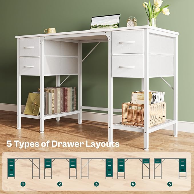 47 Inch Computer Desk with 4 Drawers, Office Desk with Mesh Shelf, Gaming Desk, Large Storage, Writing Desk Work Desk for Home Office, Study, Bedroom, Work from Home, White - LeafyLoom