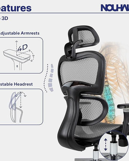 Nouhaus Ergo3D Ergonomic Office Chair Lumbar Support Mesh Office Chair with 4D Adjustable Armrest, Adjustable Headrest and Wheels, Mesh High Back Home Office Desk Chairs(Black) - LeafyLoom