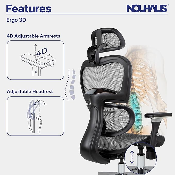 Nouhaus Ergo3D Ergonomic Office Chair Lumbar Support Mesh Office Chair with 4D Adjustable Armrest, Adjustable Headrest and Wheels, Mesh High Back Home Office Desk Chairs(Black) - LeafyLoom