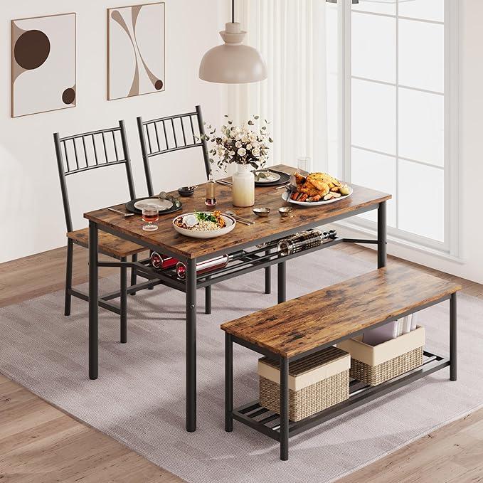 Dining Table Set for 4, Kitchen Table and Chairs for 4 with Wine Rack, Rectangular Dining Room Table Set with Bench, 4 Piece Dining Table Set for Small Space, Apartment, Retro Brown - LeafyLoom