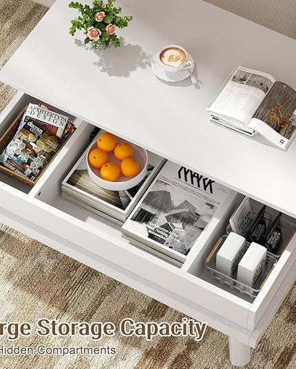 Shintenchi Coffee Table, Lift Top Coffee Table with Hidden Compartment, Rising Tabletop Dining Table, Lift Top Coffee Center Table for for Living Room, Office, Home (White) - LeafyLoom