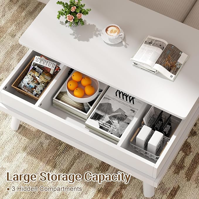 Shintenchi Coffee Table, Lift Top Coffee Table with Hidden Compartment, Rising Tabletop Dining Table, Lift Top Coffee Center Table for for Living Room, Office, Home (White) - LeafyLoom