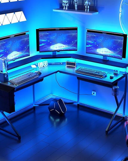 Wonder Comfort L Shaped 51 Inch Computer Desk with LED Lights，Corner Gaming Table Cup Holder Power Outlets/Monitor Stand for Home Office, Black - LeafyLoom