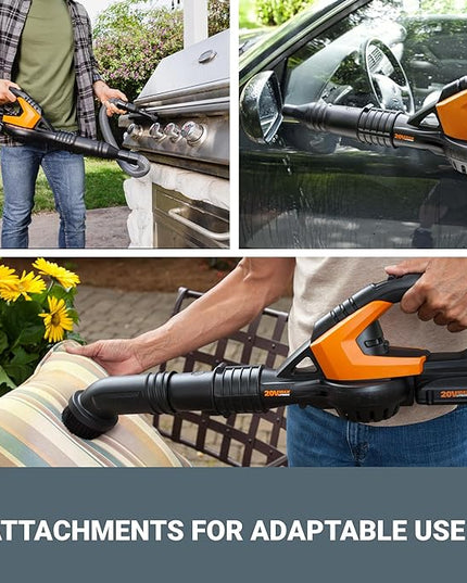 Worx 20V Cordless Leaf Blower WG545.1, Up to 120 MPH Air Speed, Long Nozzle Design for Narrow Spaces, Ideal for Indoor and Outdoor Cleaning, 9x Cleaning Attachments, Battery and Charger Included - LeafyLoom