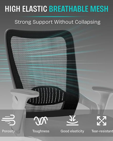 Ergonomic Office Desk Chair, Mesh Computer Gaming Chair with Adjustable Flip-Up Arms, Lumbar Support, Tilt Function, Comfy Wide Seat, Swivel Wheel, Sturdy Big and Tall Task Chairs for Adults Students - LeafyLoom