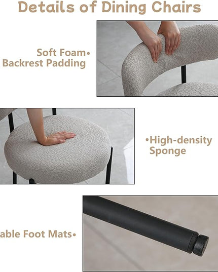Light Grey Dining Chairs Set of 2 Round Upholstered Boucle Dining Room Chairs Mid-Century Modern Kitchen Chairs Curved Backrest Chairs for Dining Room Black Metal Legs - LeafyLoom