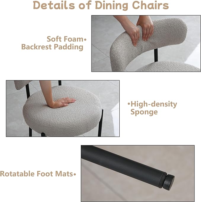 Light Grey Dining Chairs Set of 2 Round Upholstered Boucle Dining Room Chairs Mid-Century Modern Kitchen Chairs Curved Backrest Chairs for Dining Room Black Metal Legs - LeafyLoom